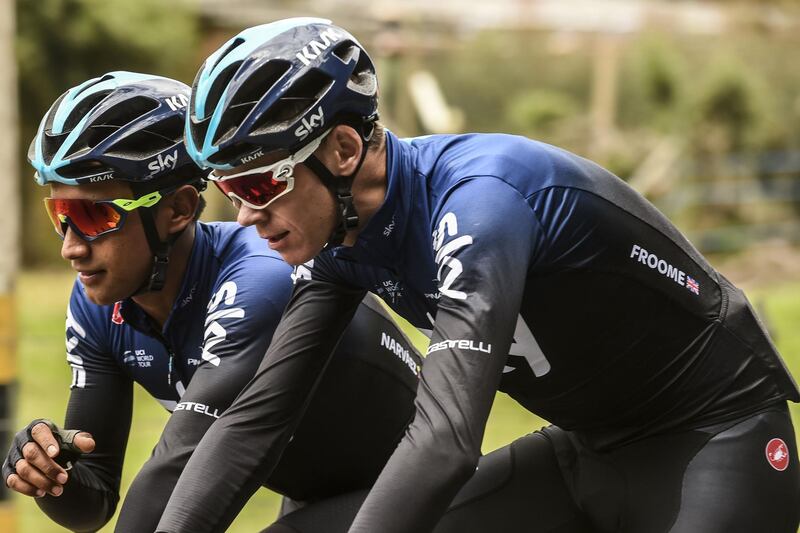 British cyclist Chris Froome (R) from team Sky trains with his teammate, Jonathan Narvaez of Ecuador, on a road near Rionegro, Antioquia department, Colombia on February 4, 2019.   Team Sky will compete in the Tour Colombia 2.1 cycling race, which takes place February 12-17. / AFP / JOAQUIN SARMIENTO
