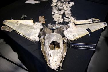 A file photo of a Qasef-1 drone of Iranian origin that was recovered on April 11, 2018 by Saudi Arabia. Reuters