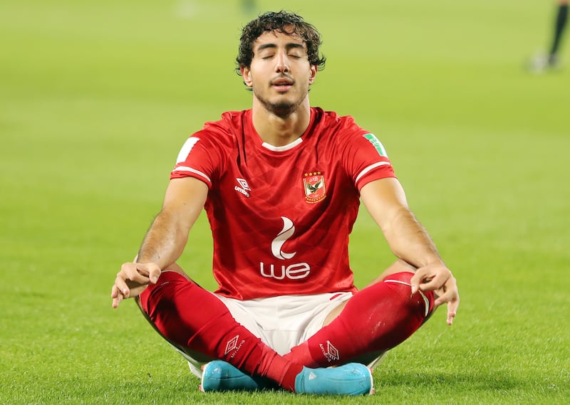Mohamed Hany of Al Ahly after scoring against Monterrey in the Fifa Club World Cup at the Al Nahyan Stadium in Abu Dhabi on Saturday, February 5, 2022. All images Chris Whiteoak / The National