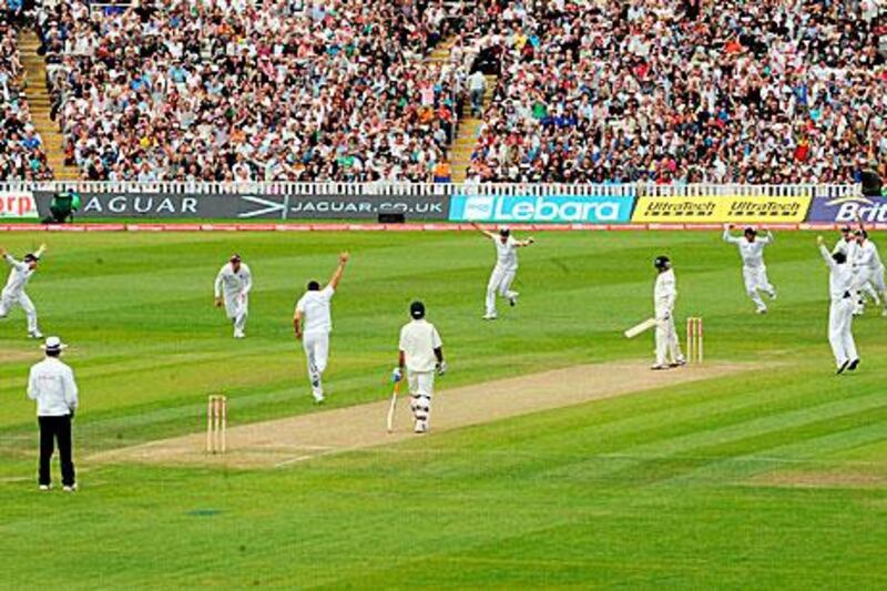 England players celebrate the innings victory over India after the dismissal of Sreesanth, the last wicket to fall in the third Test at Edgbaston.