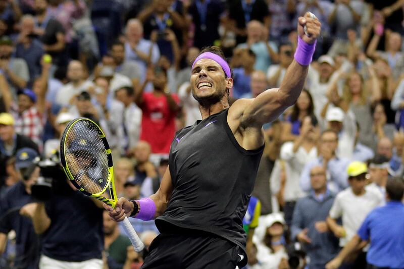 Rafael Nadal, of Spain, reacts after winning his match against Marin Cilic, of Croatia, during the fourth round of the U.S. Open tennis tournament in New York. AP