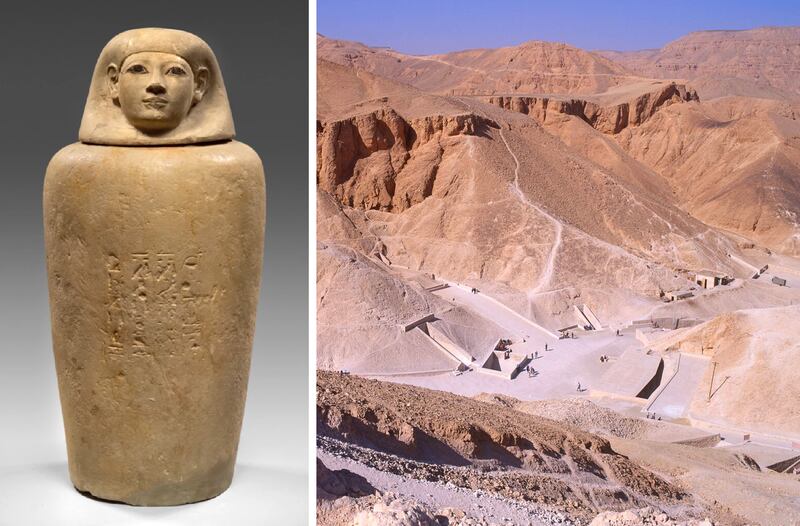 Left, the canopic jar containing the remains of a woman named Senetnay, wet nurse to Pharaoh Amenhotep II. Right, the Valley of the Kings in Luxor, Egypt. Photo: Museum August Kestner / Alamy
