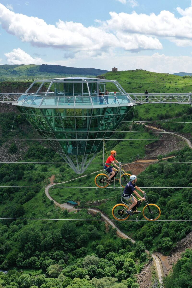 Made from glass and steel, the glass bridge rises to 280 metres and stretches across the canyon, which has been carved by the Ktsia River cutting through the volcanogenic rocks of the Dashbashi volcanic plateau.