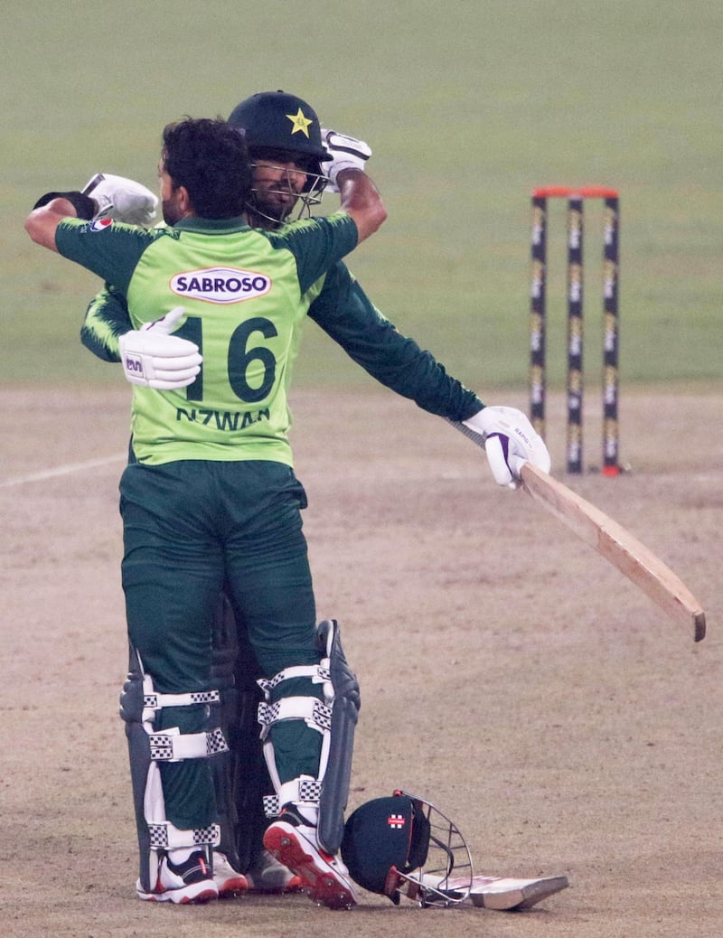 Pakistan's Mohammad Rizwan celebrates his century against South Africa. EPA