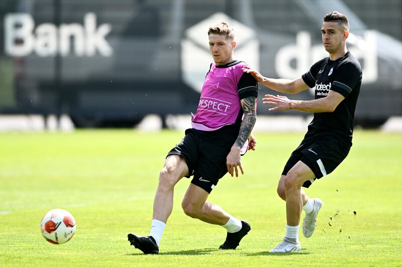 Kristijan Jakic and Rafael Santos Borre of Eintracht Frankfurt battle for the ball during training. Getty