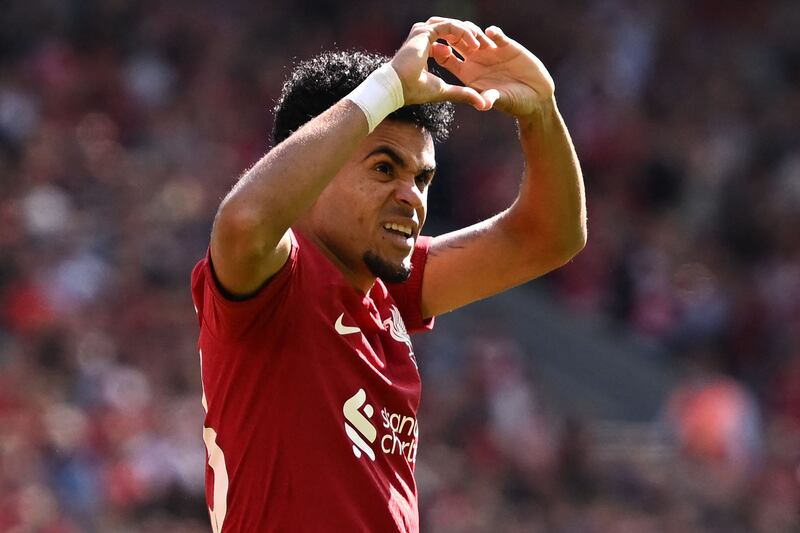 Liverpool's Colombian midfielder Luis Diaz celebrates after scoring. AFP