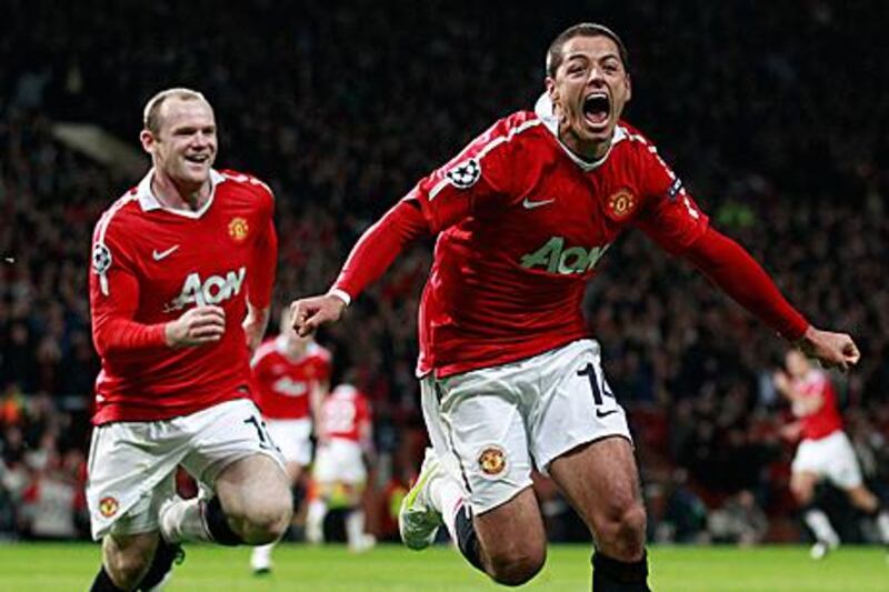 Javier Hernandez celebrates scoring the decisive opening goal of the second-leg of Manchester United's Champions League quarter-final tie with Chelsea.