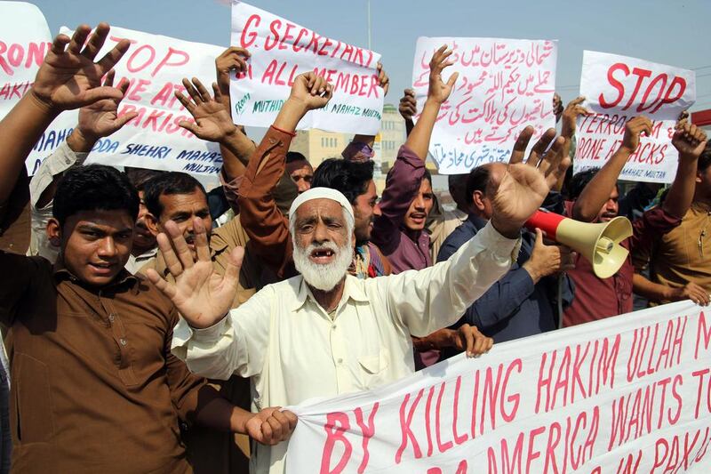 Protesters shout anti-US slogans in Multan on Saturday after the killing of the Pakistan Taliban leader Hakimullah Mehsud in a US drone attack a day earlier. S S Mirza / AFP

