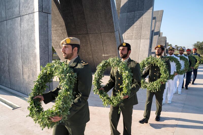 ABU DHABI, UNITED ARAB EMIRATES - November 30, 2017: Members of the UAE Armed Forces, participate, in a Commemoration Day ceremony at Wahat Al Karama, a memorial dedicated to the memory of UAE’s National Heroes in honour of their sacrifice and in recognition of their heroism.
( Hamad Al Kaabi / Crown Prince Court - Abu Dhabi )
---