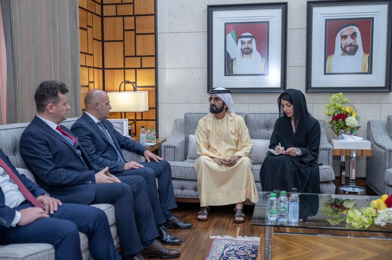 Sheikh Mohammed bin Rashid, Vice President and Ruler of Dubai, with Reem Al Hashimy, Minister of State for International Co-operation, during the meeting with Dimitar Kovacevski, Prime Minister of North Macedonia, at Al Marmoom Majlis in Dubai. Photo: Wam