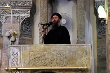 Abu Bakr Al Baghdadi in his first public appearance at Al Nouri mosque in Mosul.