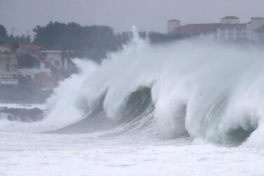 High waves crash a shore as Typhoon Maysak approaches Jeju Island, South Korea, on Wednesday, September 2, 2020. AP