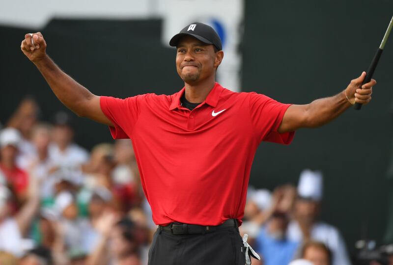 Sep 23, 2018; Atlanta, GA, USA;  Tiger Woods reacts to win the Tour Championship golf tournament at East Lake Golf Club. Mandatory Credit: Christopher Hanewinckel-USA TODAY Sports