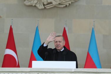 Turkish President Recep Tayyip Erdogan attending a military parade marking Azerbaijan's victory against Armenia in their conflict for control over the disputed Nagorno-Karabakh region, in Baku. AFP