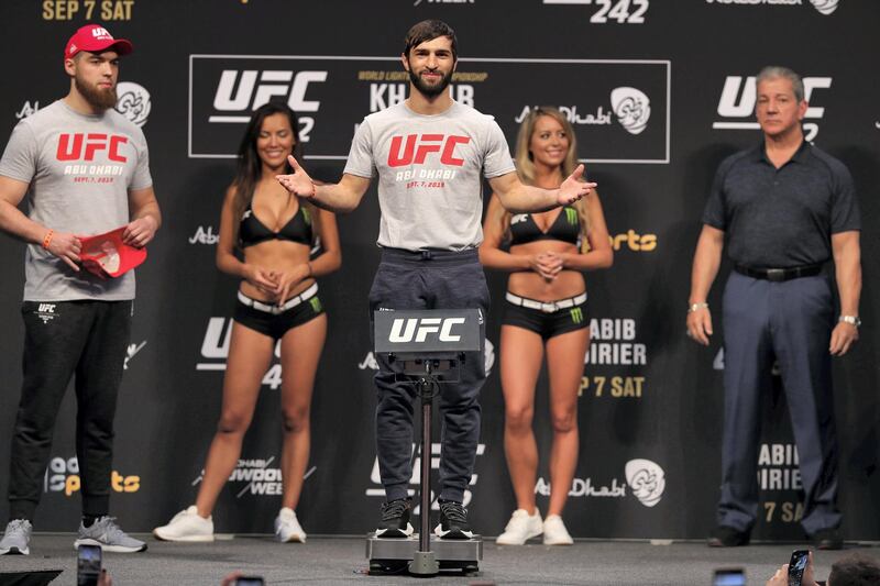 Abu Dhabi, United Arab Emirates - September 06, 2019: Zubaira Tukhugov weights in before his fight with Lerone Murphy at UFC 242. Friday the 6th of September 2019. Yes Island, Abu Dhabi. Chris Whiteoak / The National