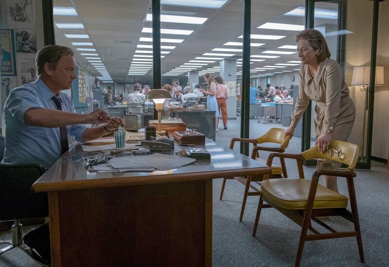 In this image released by 20th Century Fox, Tom Hanks portrays Ben Bradlee, left, and Meryl Streep portrays Katharine Graham in a scene from "The Post." The film was nominated for an Oscar for best picture on Tuesday, Jan. 23, 2018. The 90th Oscars will air live on ABC on Sunday, March 4. (Niko Tavernise/20th Century Fox via AP)