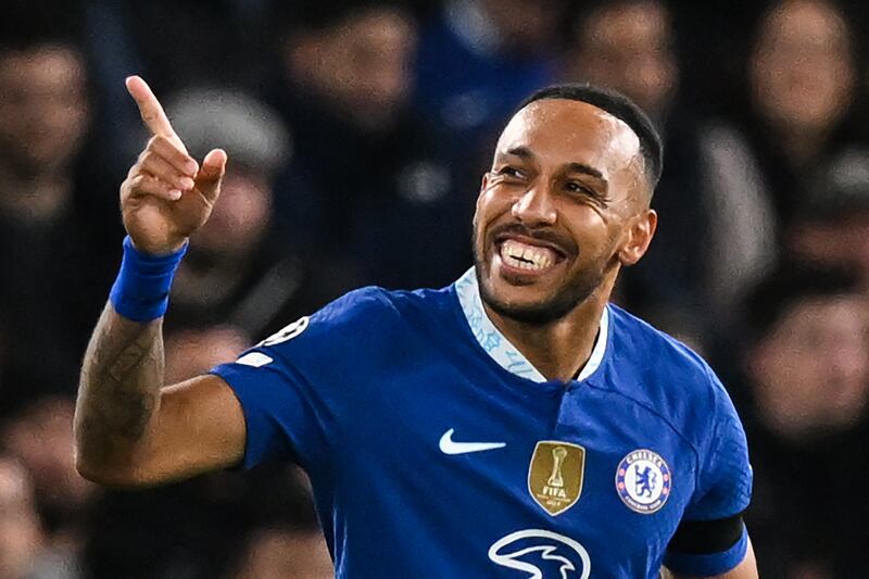 Pierre-Emerick Aubameyang celebrates after scoring Chelsea's second goal in their 3-0 Champions League win over AC Milan at Stamford Bridge on October 5, 2022. AFP