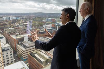 The UK Prime Minister Rishi Sunak holds a bilateral meeting with US President Joe Biden during his visit to Northern Ireland in April. Photo: No 10 Downing Street