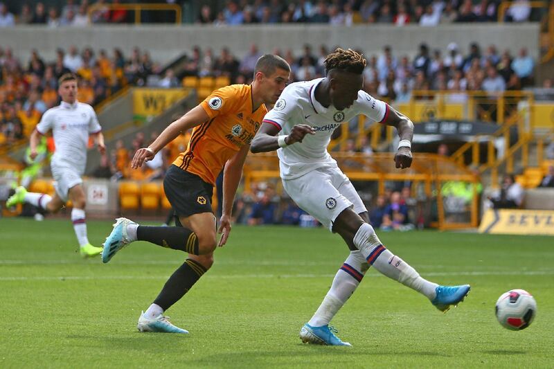 Chelsea's English striker Tammy Abraham shoots to complete his hat-trick. AFP