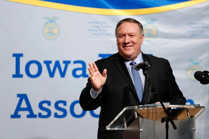 U.S. Secretary of State Mike Pompeo speaks to the Future Farmers of America and Johnston High School students, Monday, March 4, 2019, in Johnston, Iowa. (AP Photo/Charlie Neibergall)