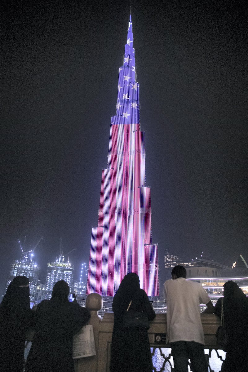DUBAI, UNITED ARAB EMIRATES - JULY 4 2019.

Burj Khalifa lights up with the American flag, celebrating US Independence day..

Photo by Reem Mohammed/The National)

Reporter:
Section: NA