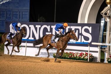 Patrick Cosgrave guides Soft Whisper home in first place to win the UAE 1000 Guineas Trial at Meydan. Antonie Robertson / The National