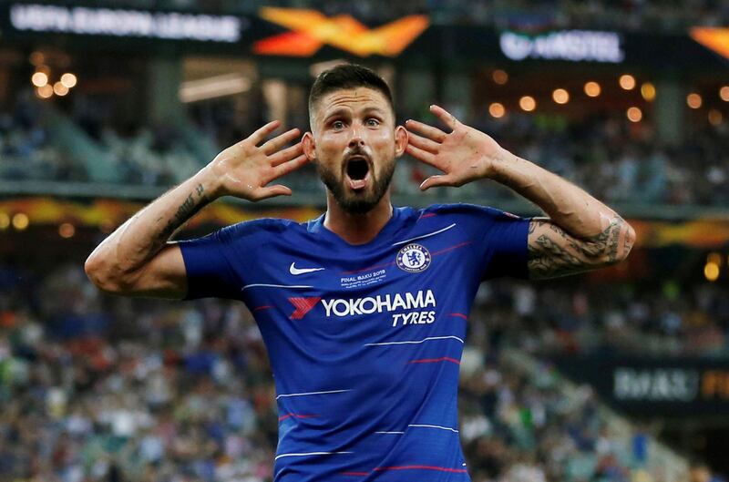 FILE PHOTO: Soccer Football - Europa League Final - Chelsea v Arsenal - Baku Olympic Stadium, Baku, Azerbaijan - May 29, 2019  Chelsea's Olivier Giroud celebrates their fourth goal   REUTERS/Amr Abdallah Dalsh/File Photo