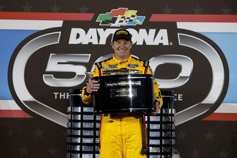 Front Row Motorsports Michael McDowell celebrates after winning the race. AFP