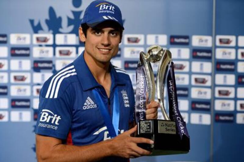 England captain Alastair Cook is seen with the NatWest Series trophy during the 3rd Natwest One Day International match between England and the West Indies at Headingley on Friday June 22, 2012 in Leeds, England.  (AP Photo/ Gareth Copley/ POOL ) 