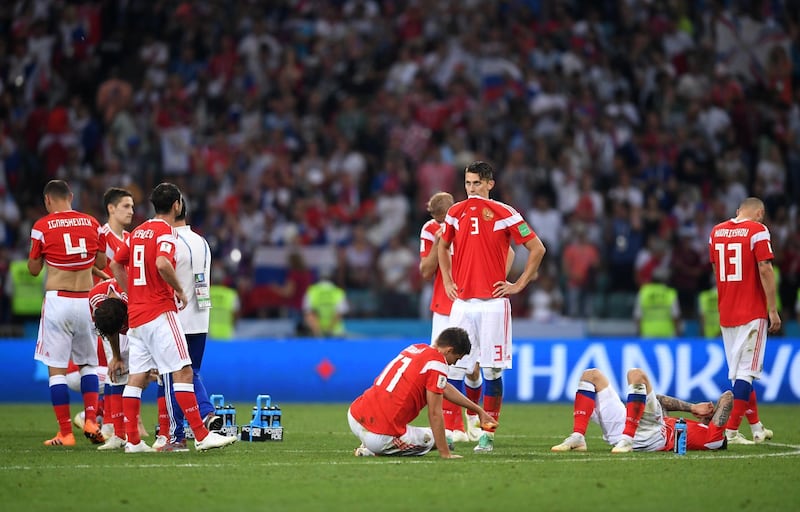 Players of Russia looks dejected after the game. Laurence Griffiths/Getty Images
