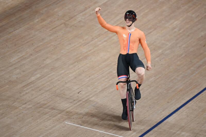 Harrie Lavreysen from the Netherlands after winning the gold in men's team sprint.