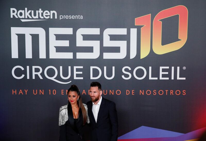 Lionel Messi poses with wife Antonella Roccuzzo during the premiere of the Cirque du Soleil's "Messi10" show in Barcelona, Spain. Reuters