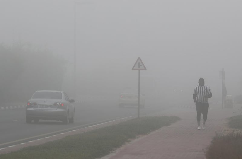 
DUBAI , UNITED ARAB EMIRATES , FEB 8 – 2018 :- Early morning fog in Discovery Gardens area in Dubai.  (Pawan Singh / The National) For News
