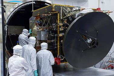 Engineers assemble the Hope Probe. Courtesy MBR Space Centre / Dubai Media Office