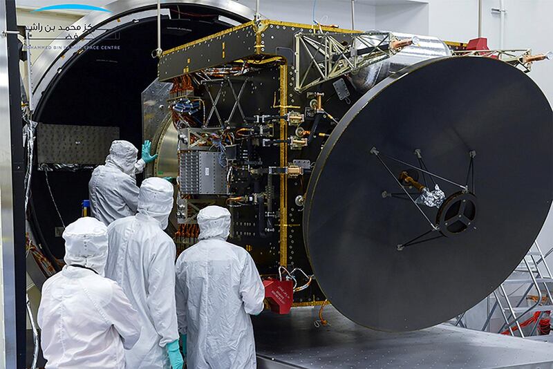 Engineers assemble the Hope Probe. Courtesy MBR Space Centre / Dubai Media Office