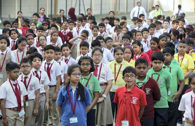 DUBAI ,  UNITED ARAB EMIRATES , SEPTEMBER 1 – 2019 :- Students during  the school assembly on the first day of the school after the summer break at the GEMS New Millennium School on Al Khail Road in Dubai. ( Pawan Singh / The National ) For News. Story by Anam
