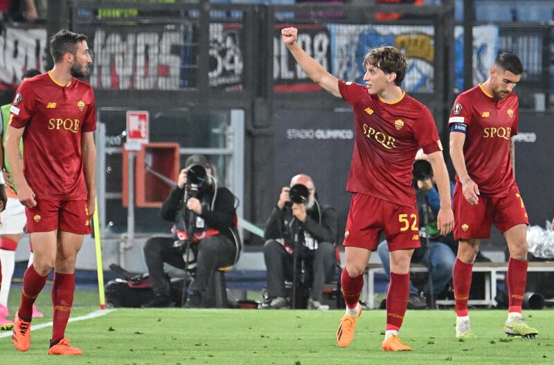 Roma's Italian midfielder Edoardo Bove celebrates after scoring the opening goal. AFP