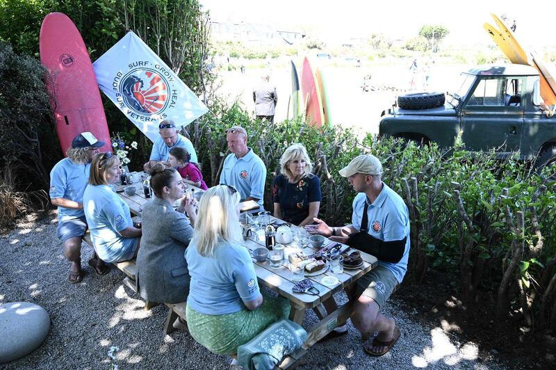 Later, first Lady Jill Biden met with veterans, first responders, and family members of Bude Surf Veterans, a Cornwall-based volunteer organisation that provides social support and surfing excursions for veterans, first responders and their families. 
 AFP