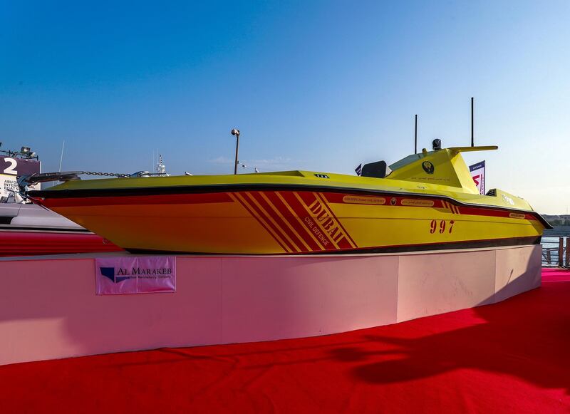 Abu Dhabi, U.A.E., October 17, 2018.  
Abu Dhabi International Boat Show 2018. -- Dubai Civil Defense speed boat.
Victor Besa / The National
Section:  NA
Reporter:  John Dennehy