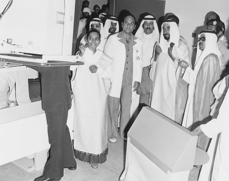 Sheikh Zayed Bin Sultan Al Nahyan visiting Al Jazeera Hospital, Abu Dhabi, 1978 
National Archives images supplied by the Ministry of Presidential Affairs to mark the 50th anniverary of Sheikh Zayed Bin Sultan Al Nahyan becaming the Ruler of Abu Dhabi. *** Local Caption ***  47.JPG