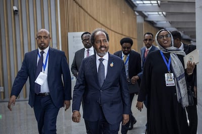 President of Somalia Hassan Sheikh Mohamud makes his way to a press conference following the 37th Ordinary Session of the Assembly of the African Union (AU) at the organisation's headquarters in Addis Ababa. AFP