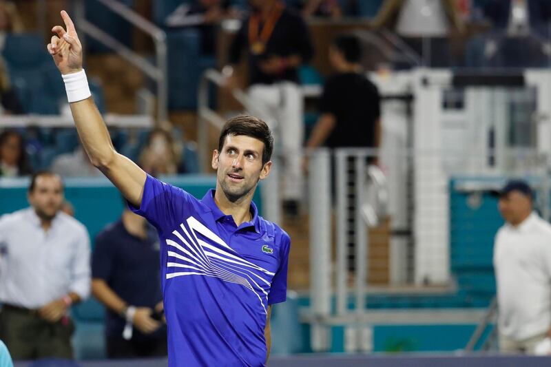 Mar 22, 2019; Miami Gardens, FL, USA; Novak Djokovic of Serbia waves to the crowd after his match against Bernard Tomic of Australia (not pictured) in the second round of the Miami Open at Miami Open Tennis Complex. Mandatory Credit: Geoff Burke-USA TODAY Sports