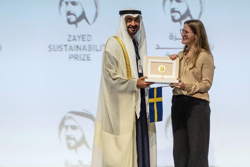 ABU DHABI, UNITED ARAB EMIRATES. 13 JANUARY 2020. The Zayed Sustainability Awards held at ADNEC as part of Abu Dhabi Sustainability Week. H.E. Sheikh Mohammed bin Zayed Al Nahyan, Crown Prince of Abu Dhabi and Deputy Supreme Commander of the United Arab Emirates Armed Forces awards Health Winner: Globhe, Sweden. (Photo: Antonie Robertson/The National) Journalist: Kelly Clarker. Section: National.

