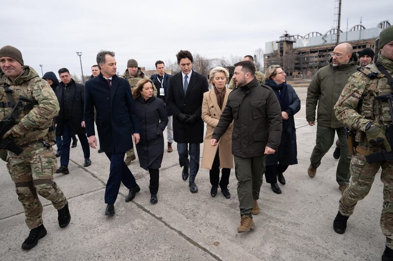 From left, Belgian Prime Minister Alexander De Croo, Italian Prime Minister Giorgia Meloni, Canadian Prime Minister Justin Trudeau and President of the European Commission Ursula von der Leyen with Ukraine's President Volodymyr Zelenskyy in Kyiv. EPA