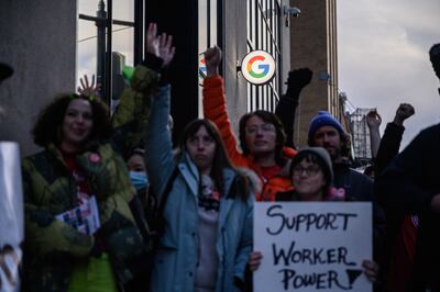 Members of the Alphabet Workers Union in New York hold a rally outside Google's offices in response to recent layoffs. AFP