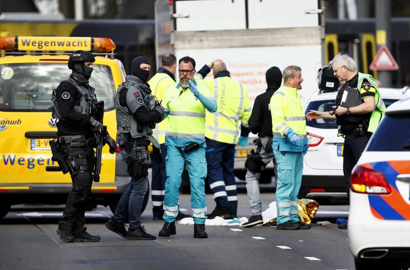 Emergency services at the scene where a shooting took place in Utrecht, the Netherlands. AFP