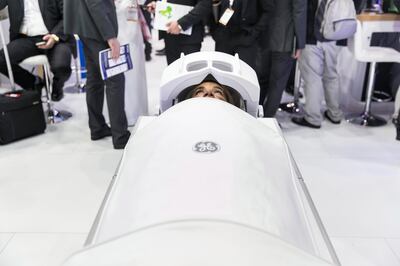 DUBAI, UNITED ARAB EMIRATES - Jan 30, 2018.

GE's new set of coils for its SIGNA Premier wide bore 3T MR system, with a flexible design meant to increase patient comfort during whole body exams. 

(Photo by Reem Mohammed/The National)

Reporter: Nick Webster
Section: NA