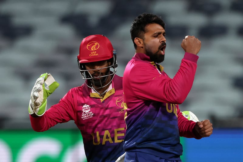 UAE's Basil Hameed celebrates taking the wicket of Netherlands' Vikramjit Singh during their T20 World Cup 
 match in Geelong on October 16, 2022.  AP