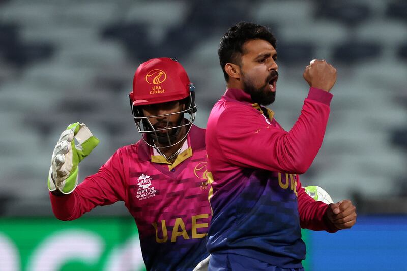 UAE's Basil Hameed celebrates taking the wicket of Netherlands' Vikramjit Singh during their T20 World Cup 
 match in Geelong on October 16, 2022.  AP