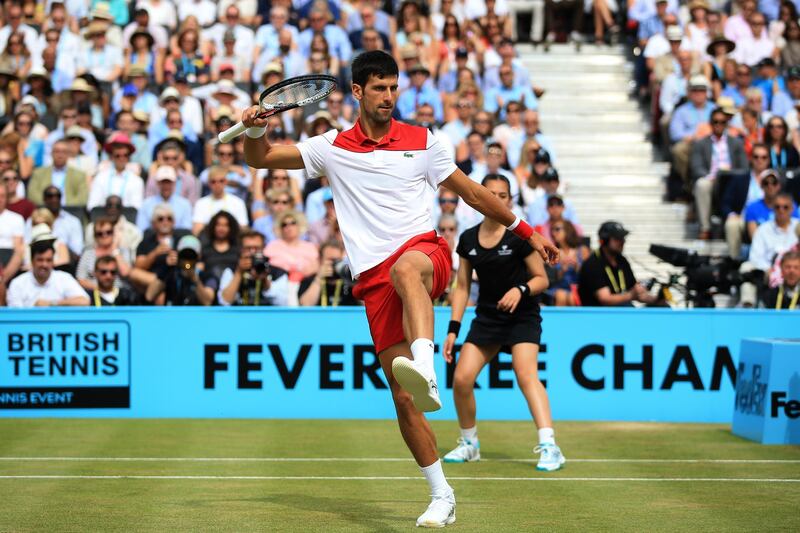 LONDON, ENGLAND - JUNE 23:  Novak Djokovic of Serbia in action during Day 6 of the Fever-Tree Championships at Queens Club on June 23, 2018 in London, United Kingdom. (Photo by Marc Atkins/Getty Images)